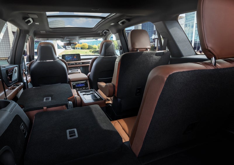 The interior of the 2025 Lincoln Aviator® SUV is shown with two seats folded down for added space. | Bill Knight Lincoln in Tulsa OK