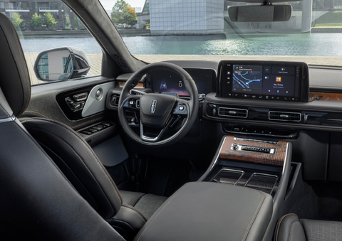 The interior of the 2025 Lincoln Aviator® SUV is shown parked with a view of a harbor through the windshield. | Bill Knight Lincoln in Tulsa OK