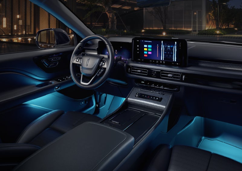 Deep blue ambient lighting glows from various places within a 2026 Lincoln Aviator® SUV. | Bill Knight Lincoln in Tulsa OK
