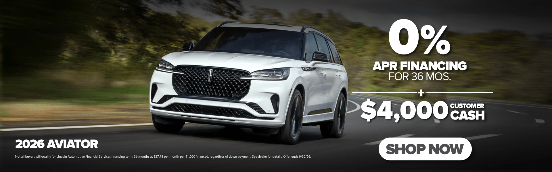 Zero Percent and Customer Cash Back on New 2026 Aviator